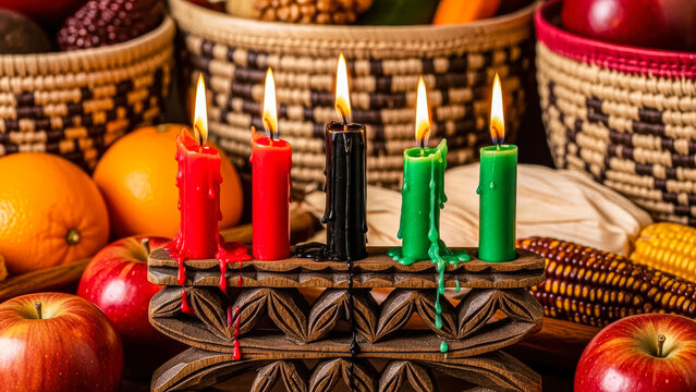 Kwanzaa kinara with lit candles and traditional fruits and gifts