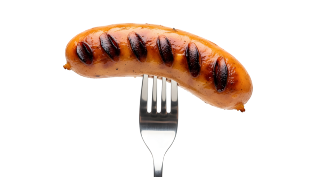 Grilled sausage on a fork isolated on transparent background