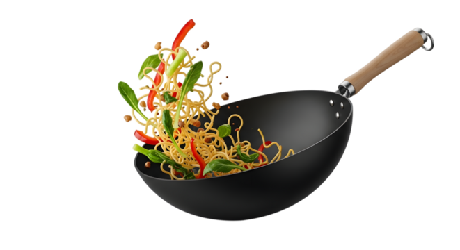 Stir fried noodles with vegetables flying from a wok isolated on transparent background - Powered by Adobe