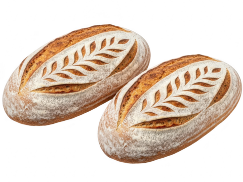 Two artisan sourdough bread loaves with beautiful wheat ear scoring, isolated on transparent background - Powered by Adobe