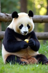 Obraz premium Giant panda sitting on grass eating food