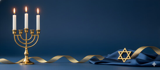 Hanukkah celebration scene with a lit golden Menorah, Star of David, and festive decorations on a dark blue background, suitable for holiday banners and greeting cards.