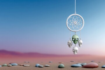 A dreamcatcher with hanging skulls is suspended against a surreal desert landscape with colorful sky and sand. The scene evokes themes of dreams, death, and the