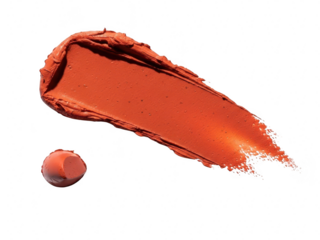Swatched texture of rich terracotta orange lipstick smear with small cosmetic sample isolated on transparent background