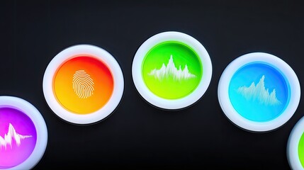 A collection of colorful digital icons with various designs, including a fingerprint and sound waves, arranged on a black background.