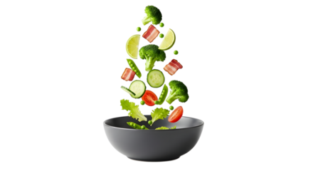Fresh vegetables and salad ingredients levitating above bowl isolated on transparent background
