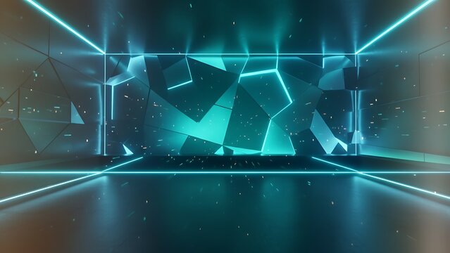 Abstract geometric background with glowing lines and polygonal shapes in teal and dark shades