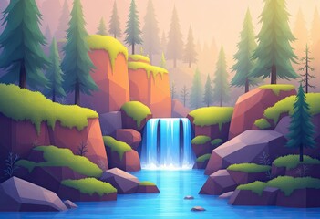 Scenic, stylized illustration showcasing a serene waterfall cascading into a calm, blue river, framed by textured, geometric rock formations covered in verdant moss, amidst a tranquil forest scene.