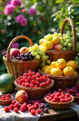 Abundant fresh fruit harvest in wicker baskets outdoors