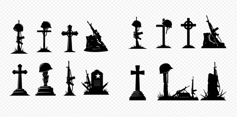 Naklejka premium Collection of military remembrance silhouettes featuring soldier's crosses, gravestones, helmets, rifles, and boots, symbolizing fallen heroes.