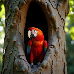 Scarlet macaw parrot perched inside a tree hollow