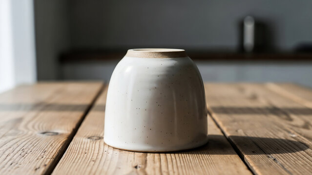 Ceramic cup upside down on wood table symbolizing stillness and order
