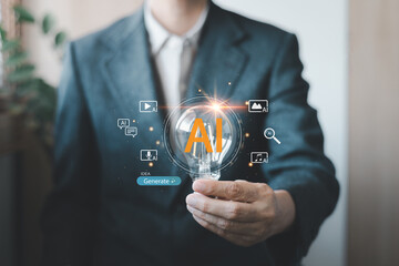 Businessman holding a light bulb with AI text and digital icons. Concept of generative artificial intelligence, ideas for content, media, design, music, text, and smart technology innovation.