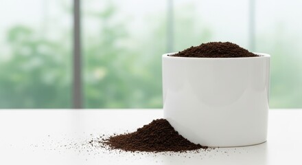 Ground coffee spilling from a white cup onto a white table surface with a blurred green background.