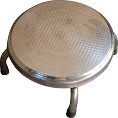 Stainless steel three-legged kitchen stool.