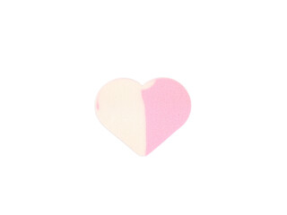 Top view, heart-shaped makeup sponge in a split color design of pink and off-white isolated on a white background. Concept for love and encouragement.
