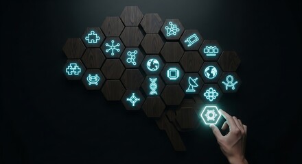 Human hand interacting with a glowing hexagonal interface shaped like a brain, symbolizing artificial intelligence, technology, and complex thought processes in a dark setting