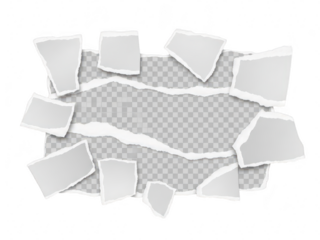 Collection of realistic torn paper scraps with jagged edges creating a hole on a transparent background, isolated on transparent background