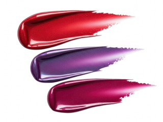 Three glossy lipstick or lip gloss swatches in red, purple, and deep pink shades, isolated on transparent background
