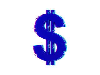 Obraz premium Glitch effect blue dollar sign symbol isolated on transparent background with digital distortion and chromatic aberration