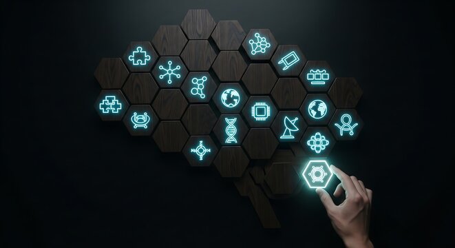 Human hand interacting with a glowing hexagonal interface shaped like a brain, symbolizing artificial intelligence, technology, and complex thought processes in a dark setting