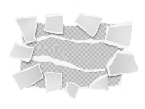Collection of realistic torn paper scraps with jagged edges creating a hole on a transparent background, isolated on transparent background