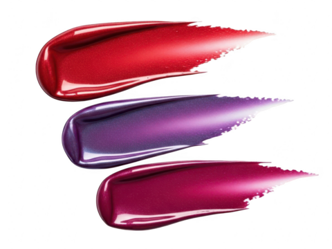Three glossy lipstick or lip gloss swatches in red, purple, and deep pink shades, isolated on transparent background