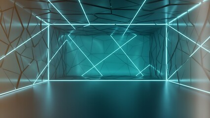 Abstract room with cracked walls and floor illuminated by blue neon lines and a square frame