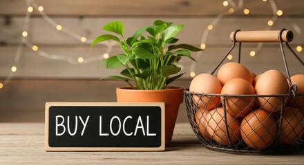 Fresh farm eggs in a basket and a potted plant displayed with a 'Buy Local' sign on a wooden surface