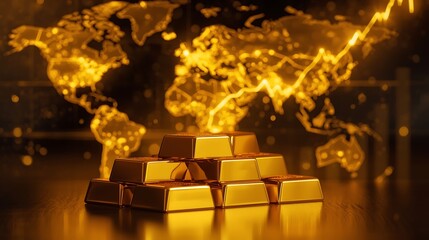Global Gold Market Stacks of Gold Bars with a World Map Backdrop