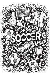 Vector background in bold black and white filled with soccer icons like balls, nets, goals, and simple shapes arranged in a clean repeating layout for dynamic sporty artwork style. 