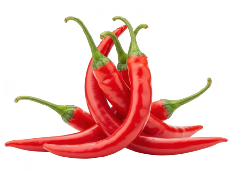 A group of vibrant red chili peppers piled together, isolated on transparent background for a clean presentation
