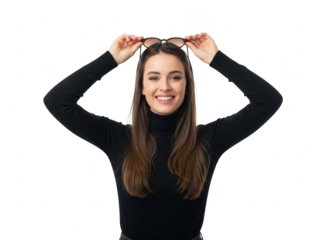 Smiling young woman with long brown hair wearing black turtleneck holding glasses above her head isolated on transparent background