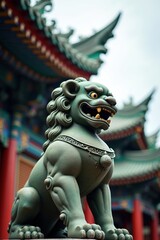 Guardian lion statue in front of traditional asian temple architecture