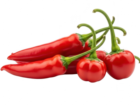 A vibrant assortment of fresh red chili peppers of different shapes and sizes isolated on transparent background