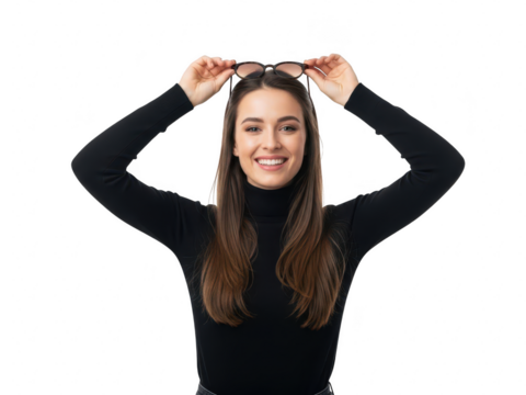 Smiling young woman with long brown hair wearing black turtleneck holding glasses above her head isolated on transparent background