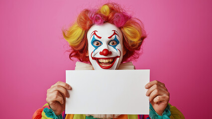 A smiling clown holding a white piece of paper
