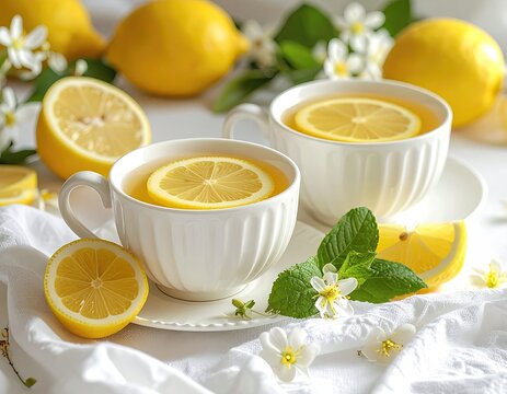 Two cups lemon tea, white cloth, lemons, and blossoms