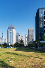 Fototapeta premium city park with modern building background in shanghai