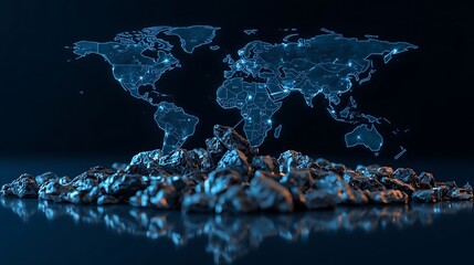 Global digital network illuminating a world map, rising above valuable raw material, symbolizing worldwide connectivity, resource distribution, and future commodity markets