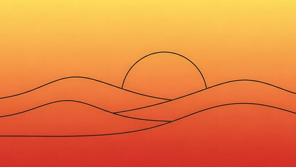 Obraz premium Minimalist illustration of a sunset over rolling hills with a warm gradient sky and ground, featuring a simple sun outline.