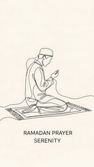 Ramadan Kareem line art of Muslim man praying, spiritual illustration, faith concept