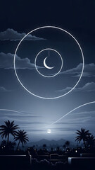 Serene lunar night over desert city with palm trees and mystical glowing circles