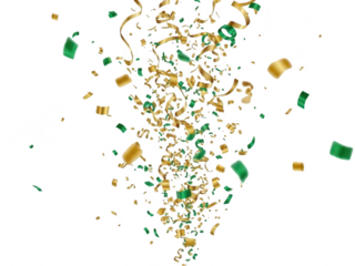 Golden and green confetti explosion isolated on transparent background, perfect for celebration, party, and festive event design element