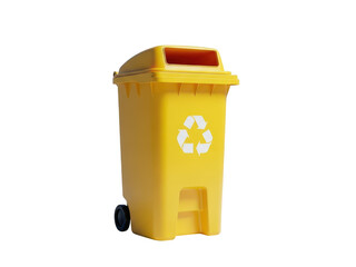 Yellow recycling bin with universal recycling symbol isolated on transparent background for waste management and environmental concept