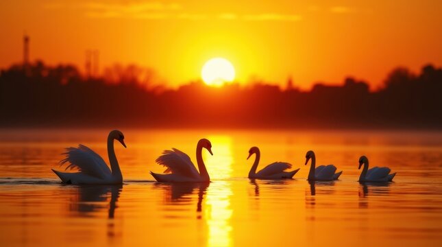 Graceful swans swimming on a calm lake at sunset with warm golden light - Powered by Adobe