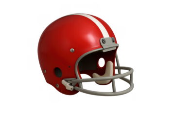 Red american football helmet with a white stripe, face mask, and chin strap, visualizing safety and head protection
