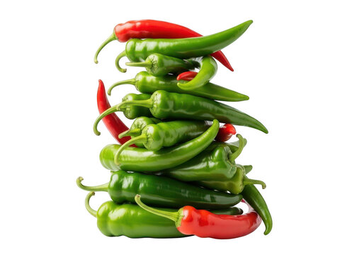 A tall stack of fresh green chili pepper with a few red chili pepper isolated on transparent background