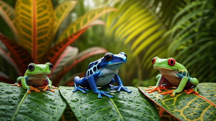 Three vibrant frogs, including red-eyed tree frogs and a blue poison dart frog, resting on wet green leaves in a tropical rainforest.