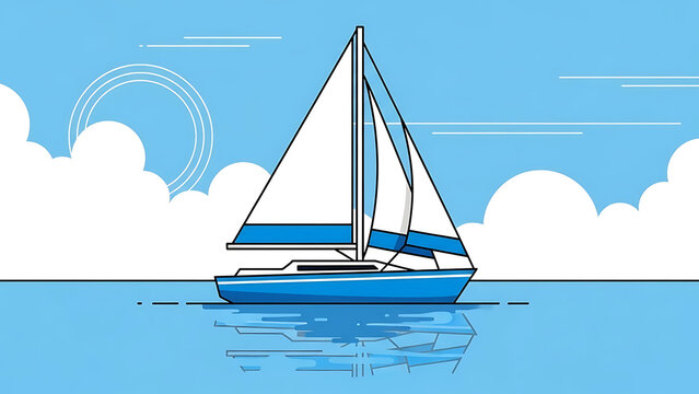 A minimalist illustration of a blue sailboat with white sails floating on calm blue water under a clear sky with fluffy clouds. - Powered by Adobe